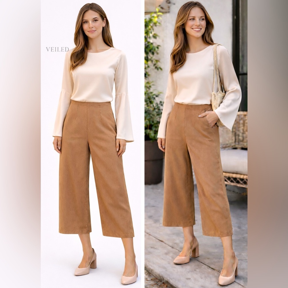 Veiled Camel Wide Leg Cropped Pants fully lined Side Zip Boho Workwear Size‎ S